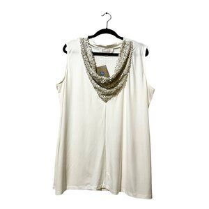 NWT American Glamour Badgley Mischka 2X Ivory Tank Top With Beige Sequin Cowl Nk